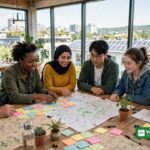 Borgere samarbejder om et bykort med post-it-sedler ved et klimahackathon i et solrigt lokale med solcelletage udenfor