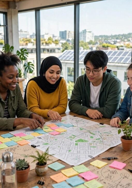 Borgere samarbejder om et bykort med post-it-sedler ved et klimahackathon i et solrigt lokale med solcelletage udenfor