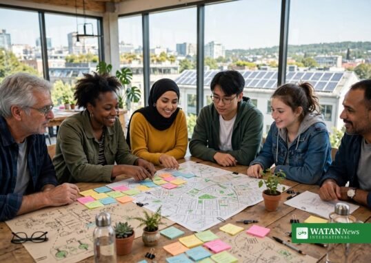 Borgere samarbejder om et bykort med post-it-sedler ved et klimahackathon i et solrigt lokale med solcelletage udenfor
