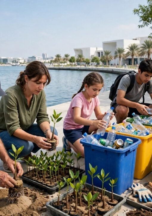Frivillige planter mangroveplanter og sorterer genbrugsmaterialer ved en havnepromenade i Doha under Qatar Sustainability Week 2026