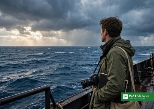 Journalist with camera reporting from a ship on the high seas — EJN BBNJ COP1 journalism fellowship