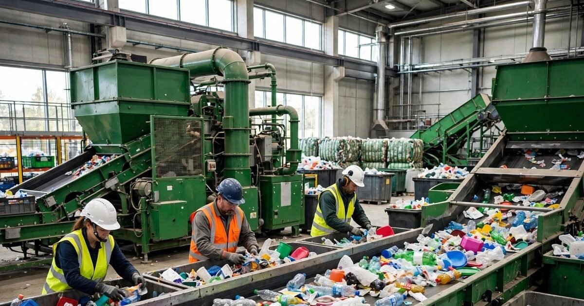 Workers sorting plastic waste at a recycling facility, part of a zero waste initiative