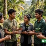 Indigenous youth holding tree seedlings in a tropical forest in Sabah