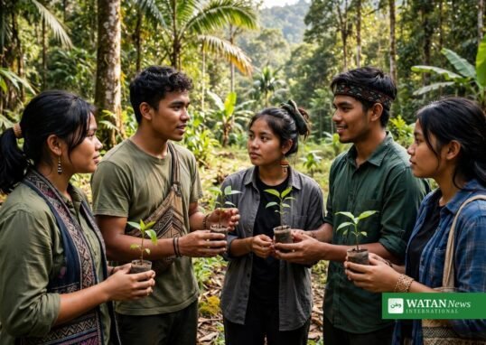 Indigenous youth holding tree seedlings in a tropical forest in Sabah