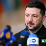 Ukrainian President Volodymyr Zelensky speaking to reporters at a press conference
