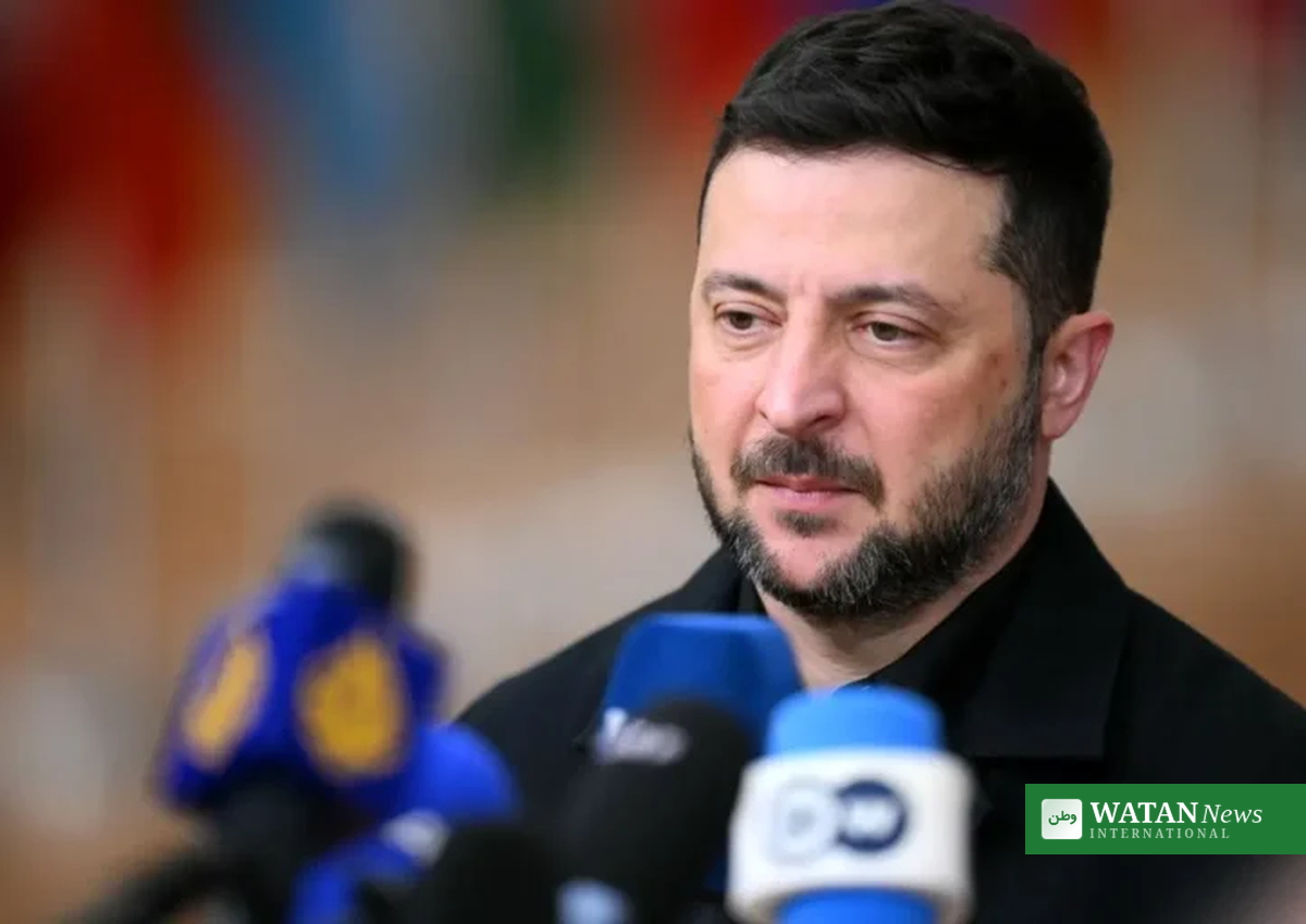 Ukrainian President Volodymyr Zelensky speaking to reporters at a press conference