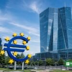 European Central Bank headquarters in Frankfurt with the euro sign sculpture