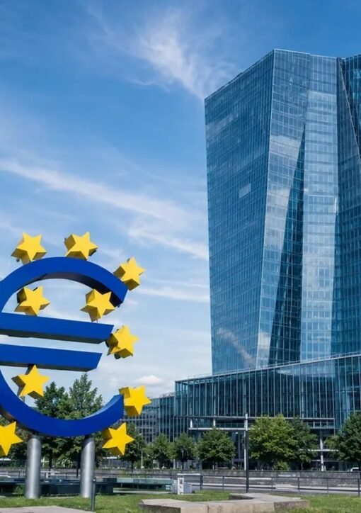 European Central Bank headquarters in Frankfurt with the euro sign sculpture