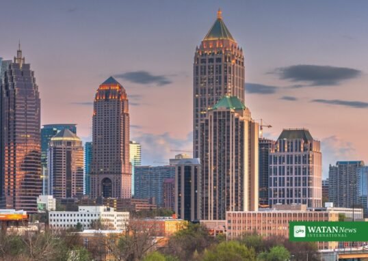 Atlanta skyline at dusk, host city of the G20 foreign ministers meeting