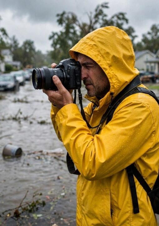 Fotojournalist dokumenterer en oversvømmet gade efter en storm til Grist Distorted-serien