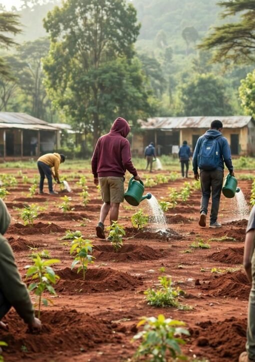 Young volunteers planting tree seedlings at a school ground in East Africa after the EAC Children's Climate Summit