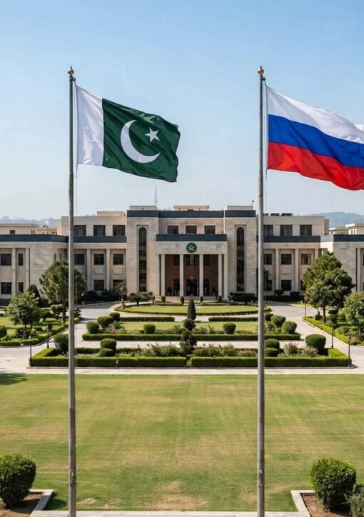 جی ایچ کیو راولپنڈی کے سامنے پاکستان اور روس کے پرچم