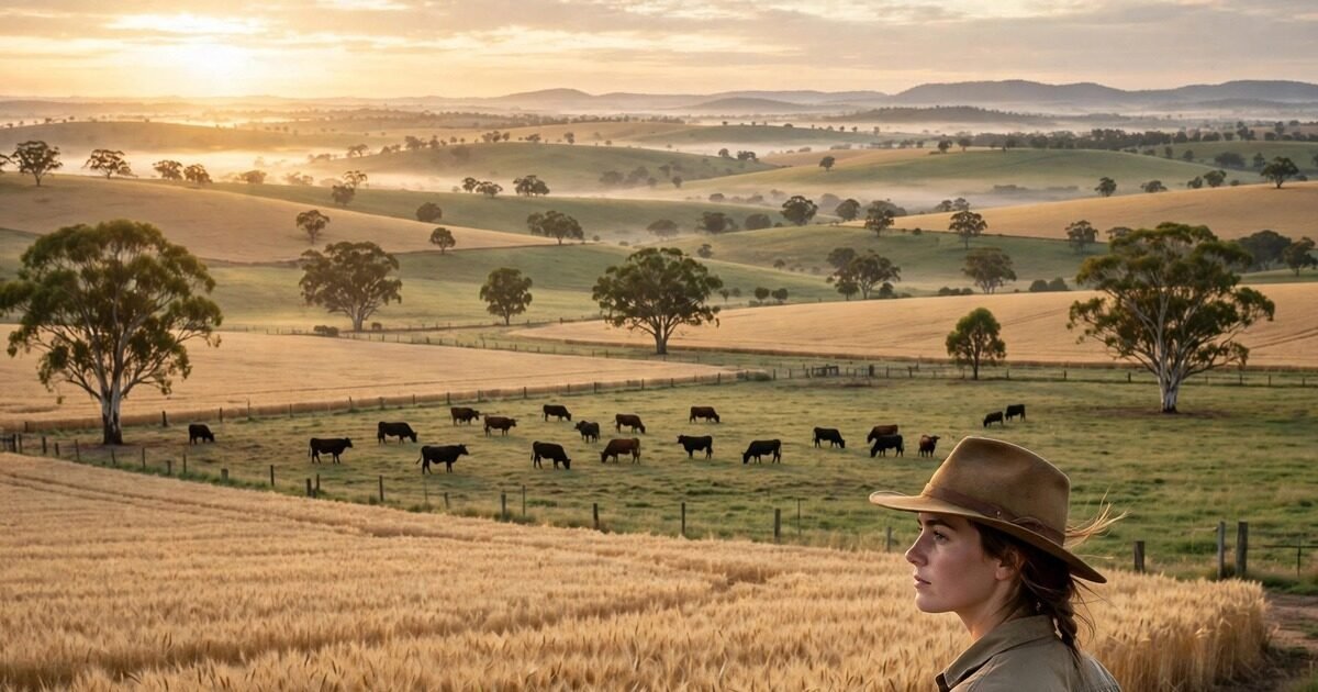 Young Australian farmer at sunrise on a cattle and wheat farm in Queensland's Darling Downs — COP31 Youth Climate Champion Sally Higgins profile (illustration)