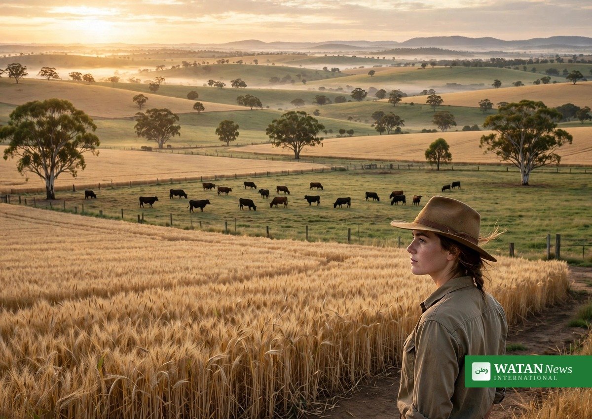 Young Australian farmer at sunrise on a cattle and wheat farm in Queensland's Darling Downs — COP31 Youth Climate Champion Sally Higgins profile (illustration)