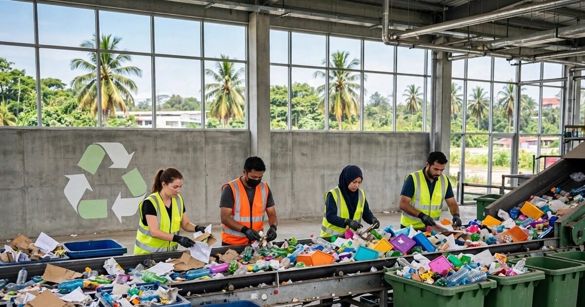 Malaysia zero waste 2035: recycling plant workers sorting recyclable plastics on a conveyor belt
