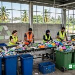 Malaysia zero waste 2035: recycling plant workers sorting recyclable plastics on a conveyor belt