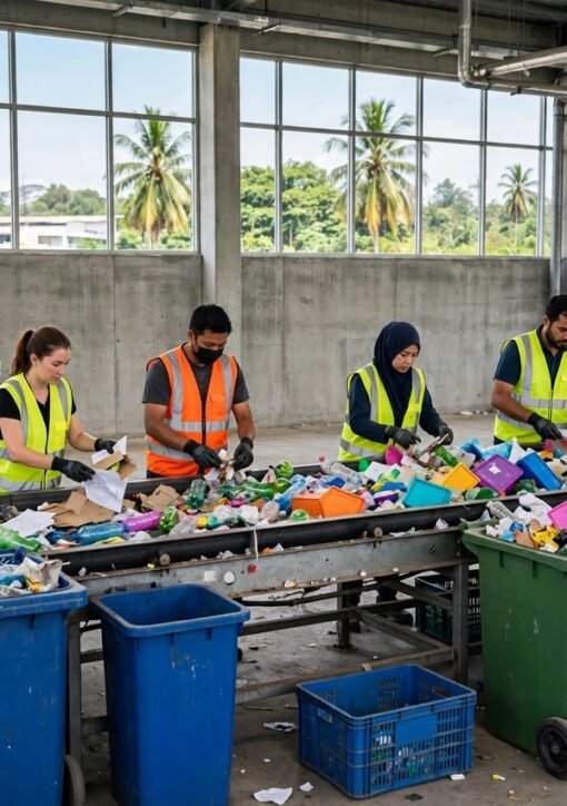 Malaysia zero waste 2035: recycling plant workers sorting recyclable plastics on a conveyor belt