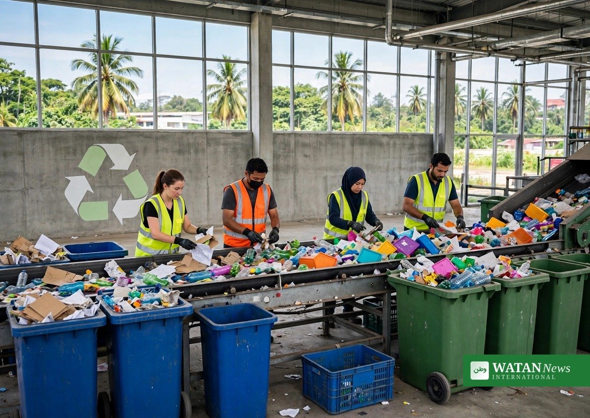 Malaysia zero waste 2035: recycling plant workers sorting recyclable plastics on a conveyor belt