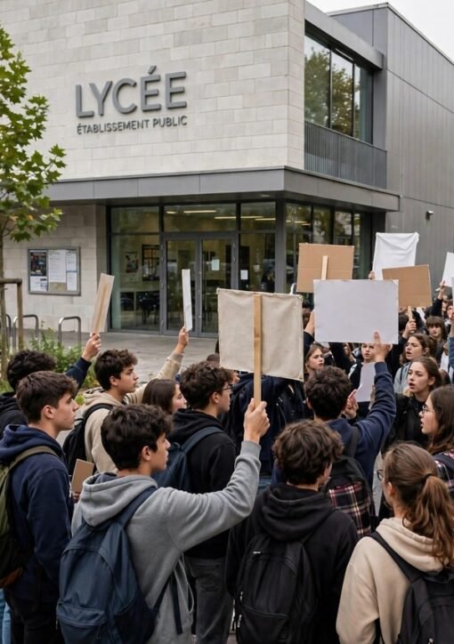 Saint-Denis students protest outside Lycée Paul-Éluard with placards