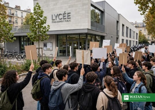 Saint-Denis students protest outside Lycée Paul-Éluard with placards