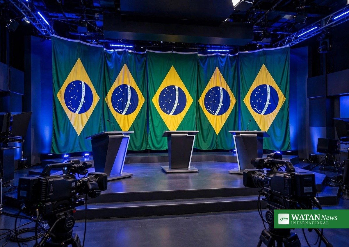 Brasilien tv-debat: tomme debatpodier i et brasiliansk tv-studie med brasilianske flag