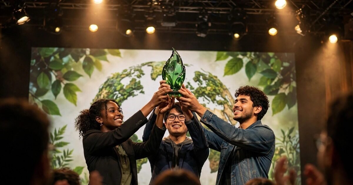 Young climate champions holding a green award trophy on stage at the 2026 Brower Youth Awards