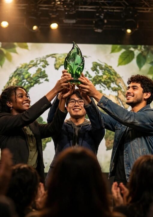 Young climate champions holding a green award trophy on stage at the 2026 Brower Youth Awards