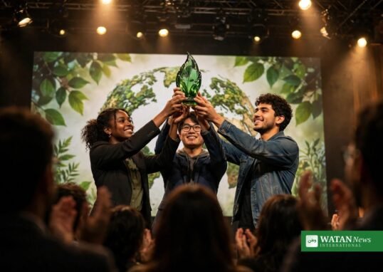 Young climate champions holding a green award trophy on stage at the 2026 Brower Youth Awards