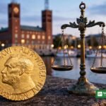 Navi Pillay 2026 Nobel Peace Prize — gold medal and scales of justice with Oslo City Hall