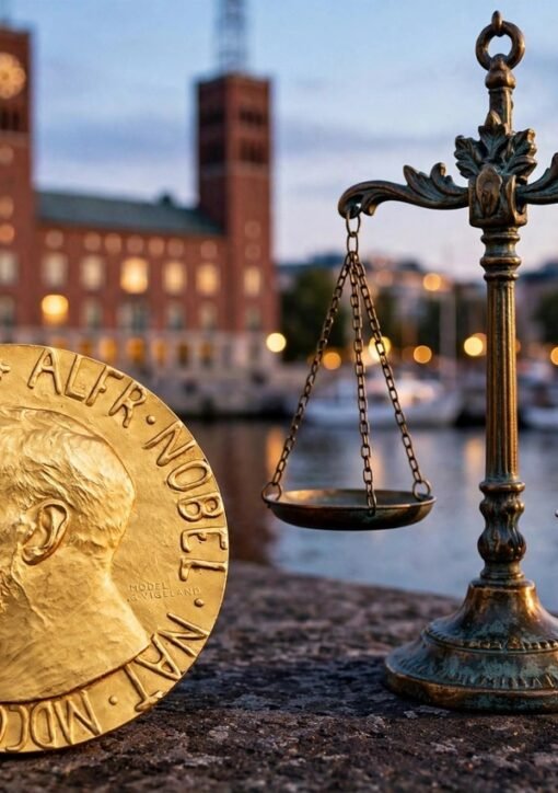 Navi Pillay 2026 Nobel Peace Prize — gold medal and scales of justice with Oslo City Hall
