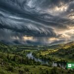 Dramatiske stormskyer som atmosfæriske floder over en grøn floddal - Poynters klimajournalistik-pris