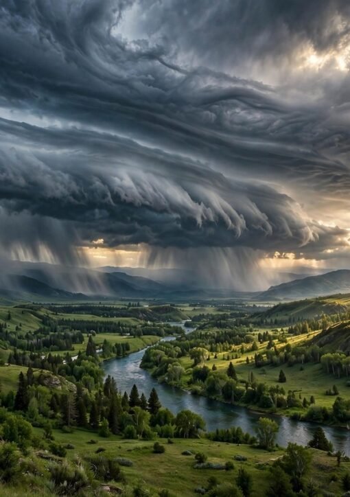 Dramatiske stormskyer som atmosfæriske floder over en grøn floddal - Poynters klimajournalistik-pris