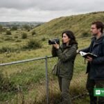 Undersøgende journalister fotograferer en græsdækket tidligere losseplads
