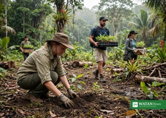 Volunteers planting native tree seedlings in Machaca Forest Reserve Belize