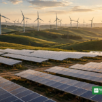 China wind and solar farm at sunset, wind turbines and solar panels