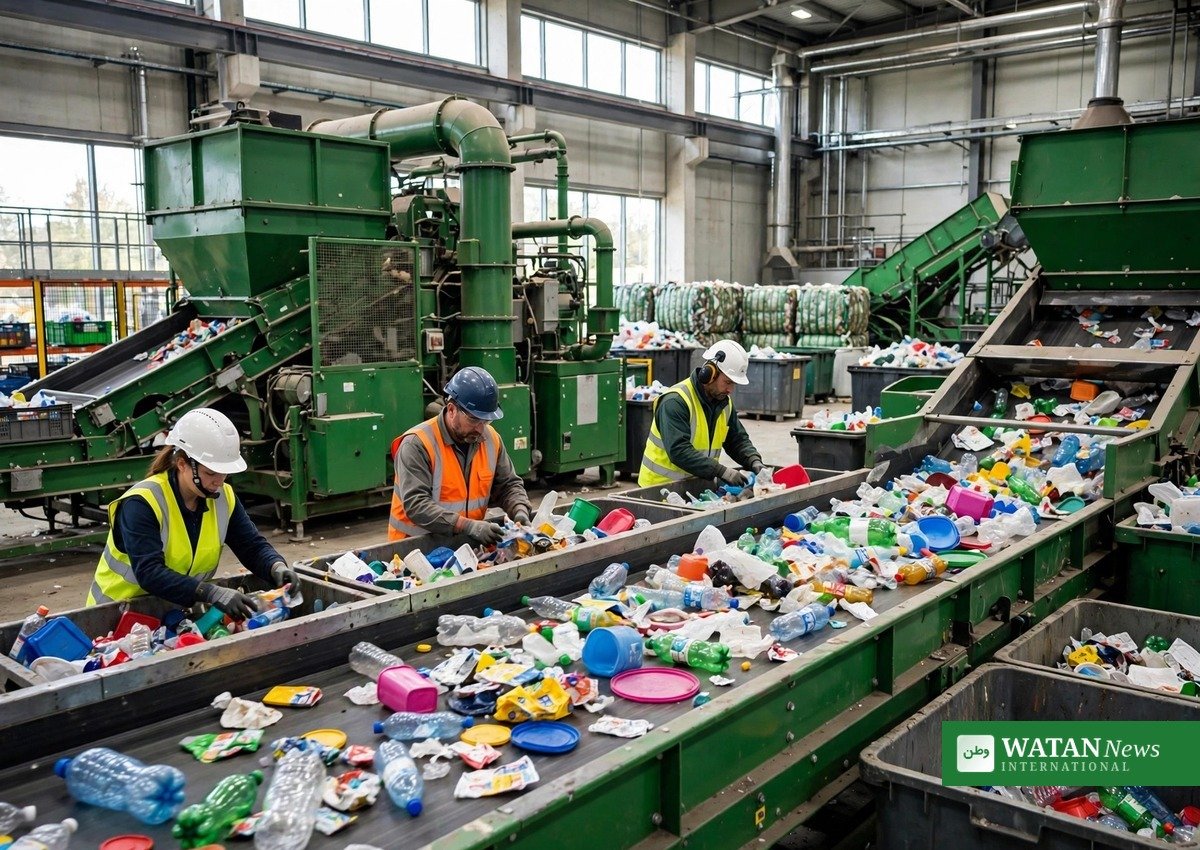 Workers sorting plastic waste at a recycling facility, part of a zero waste initiative