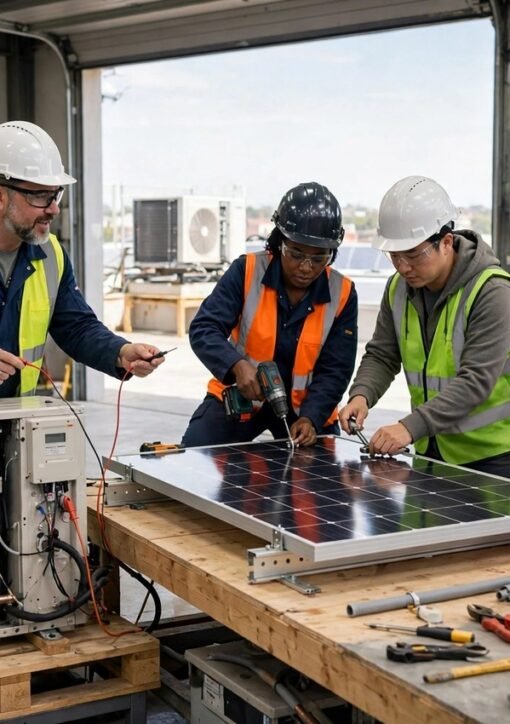 Kursister øver grønne energifærdigheder med solpaneler på Greenfield Community College