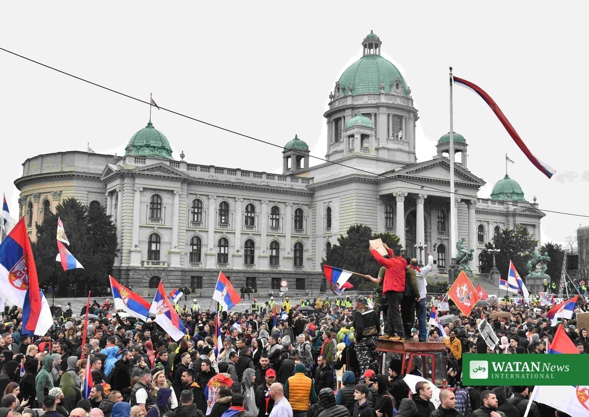 Student protesters outside the Serbian parliament building in Belgrade
