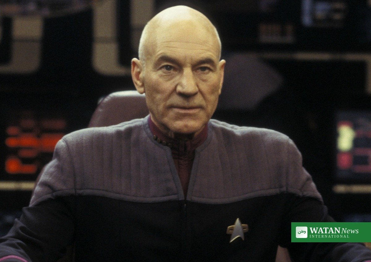 Patrick Stewart as Captain Jean-Luc Picard on the bridge of the starship Enterprise
