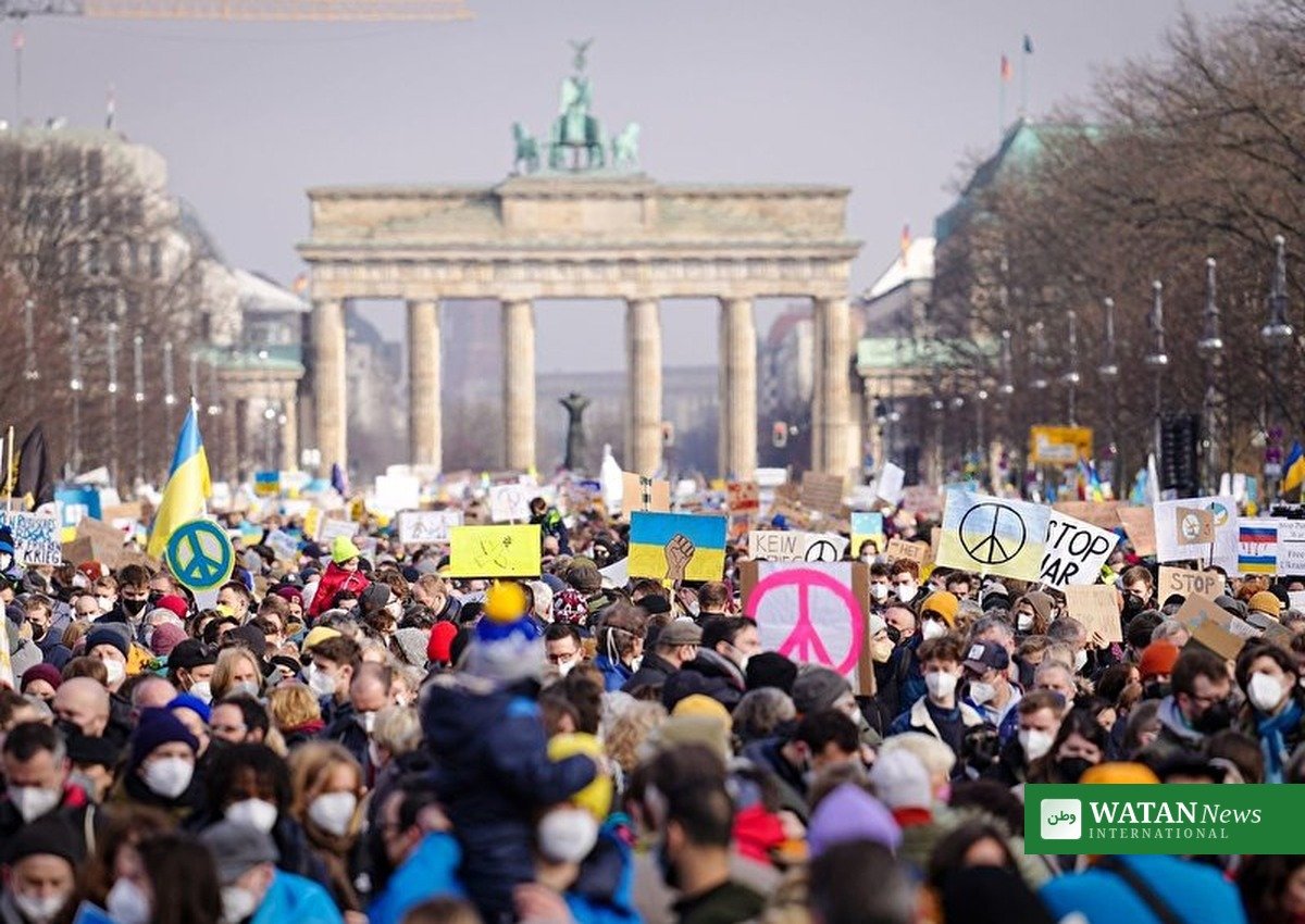 A large crowd gathers near the Brandenburg Gate in Berlin during an earlier demonstration