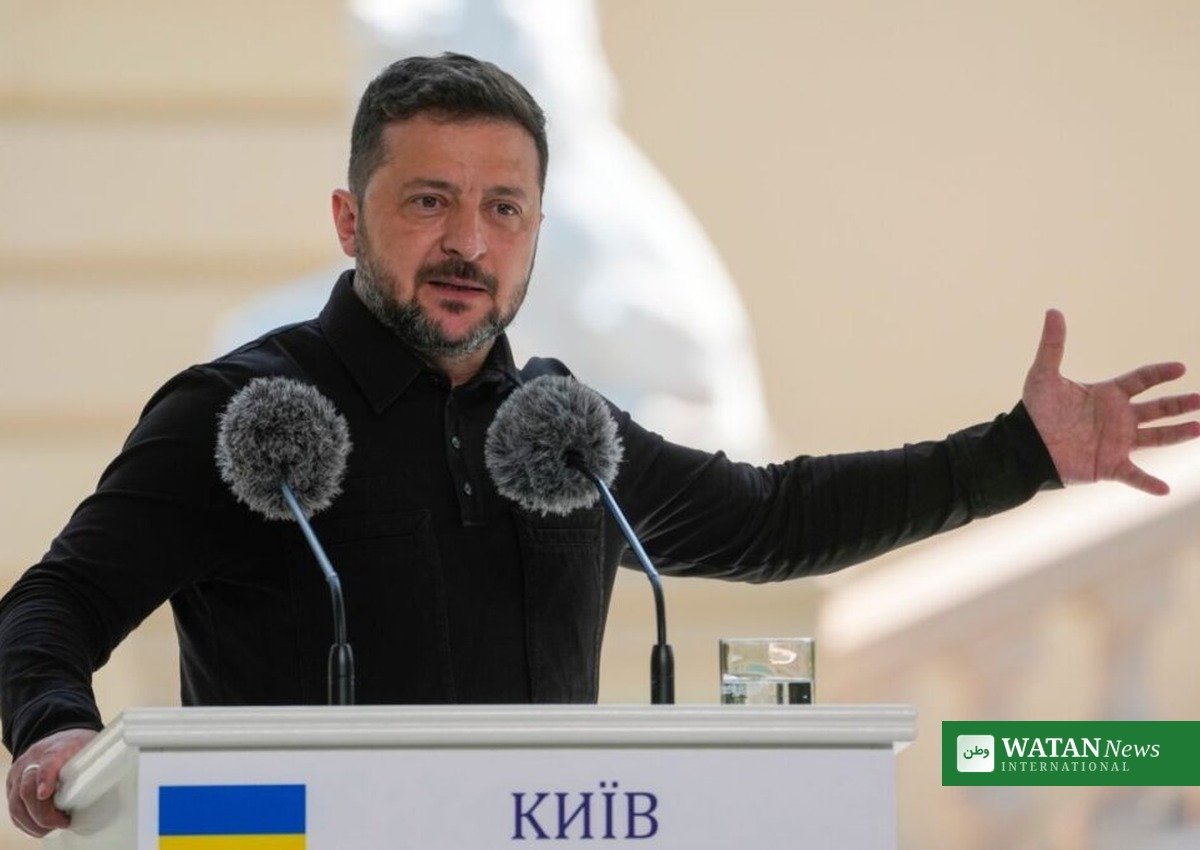 Ukrainian President Volodymyr Zelenskyy speaking at a podium in Kyiv
