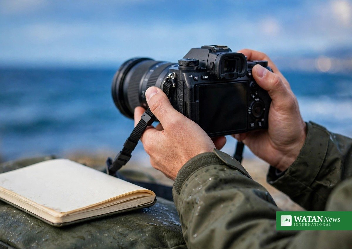 Hands holding a professional camera photographing the ocean horizon — reporting on the BBNJ High Seas Treaty COP1
