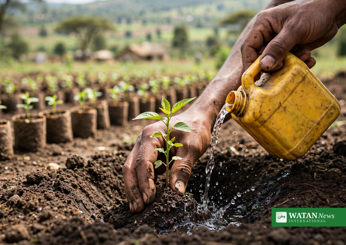 A volunteer waters a young tree seedling planted during Kenya's Green Challenge on Mazingira Day