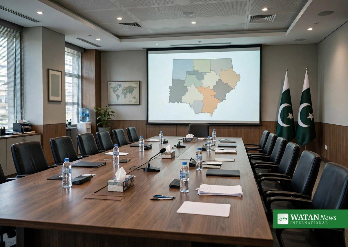 الیکشن کمیشن کے اجلاس کمرے کا علامتی منظر — اسکرین پر انتخابی نقشہ