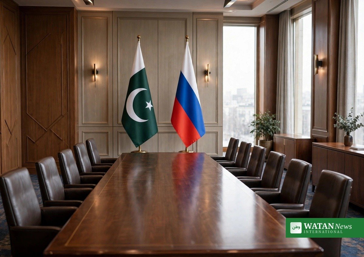 پاکستان اور روس کے پرچم — جی ایچ کیو راولپنڈی میں ملاقات کا علامتی منظر