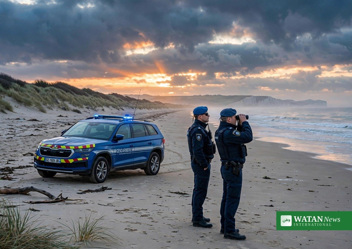 French gendarmes patrol a beach near Calais in the UK-France migration deal era