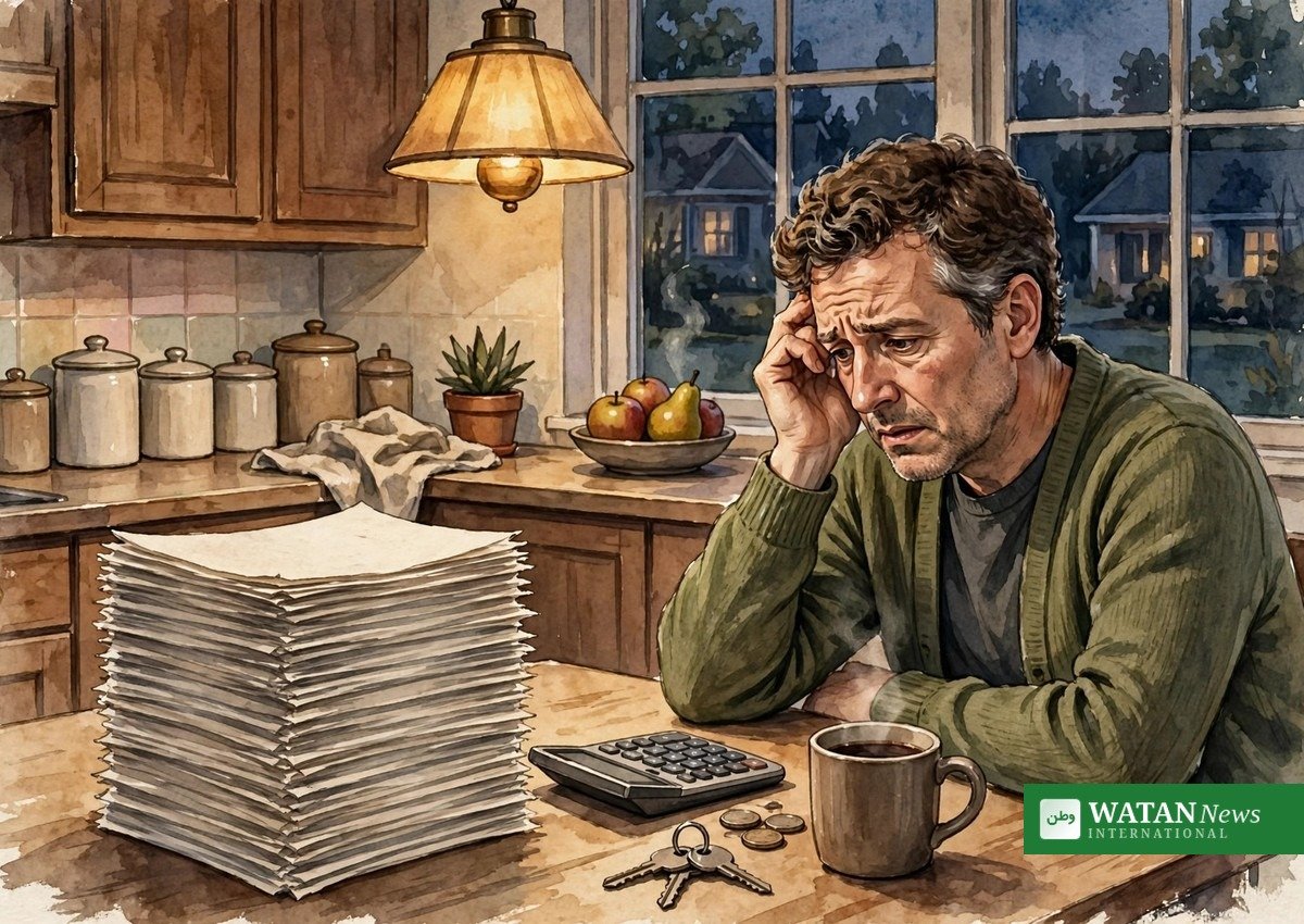 An American voter reviews a stack of medical bills at home &mdash; health costs are the leading economic concern for 60% of voters, per KFF