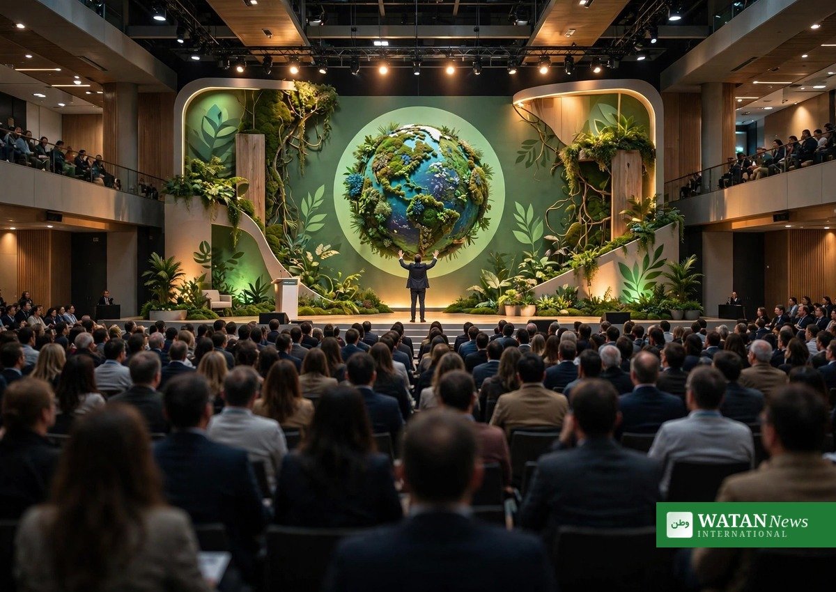 A climate champion addresses a conference audience on a green-themed stage ahead of COP31