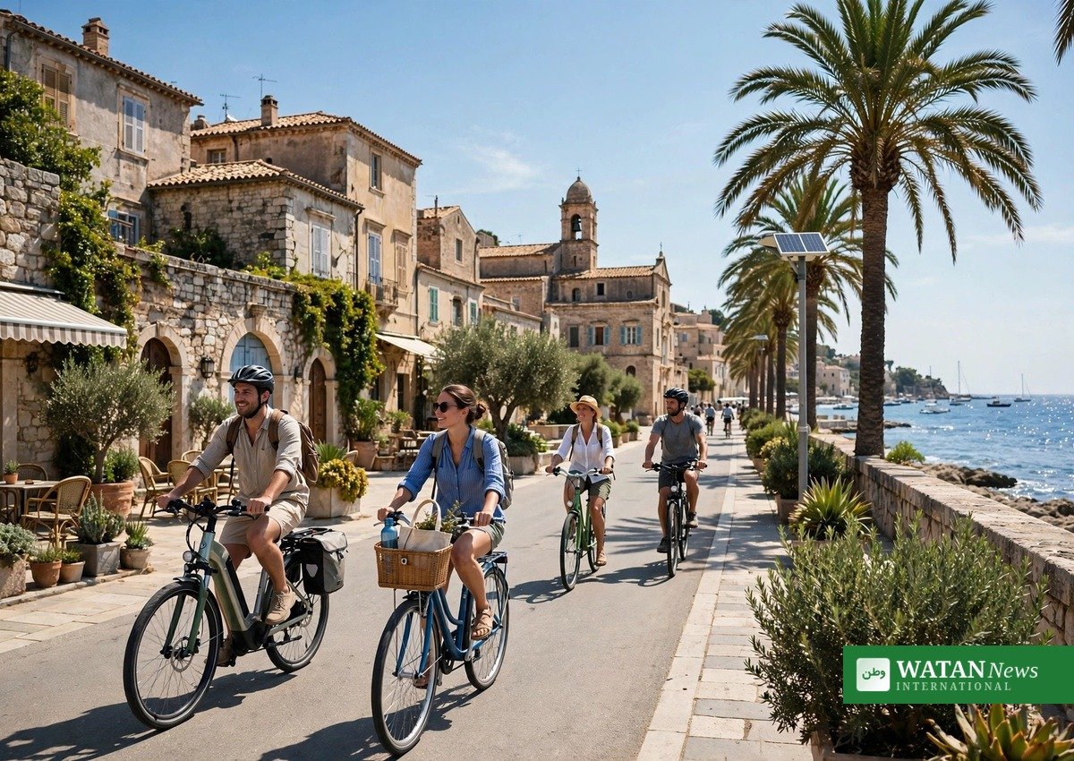 Tourists cycling along a Mediterranean coastal promenade — green, low-carbon travel
