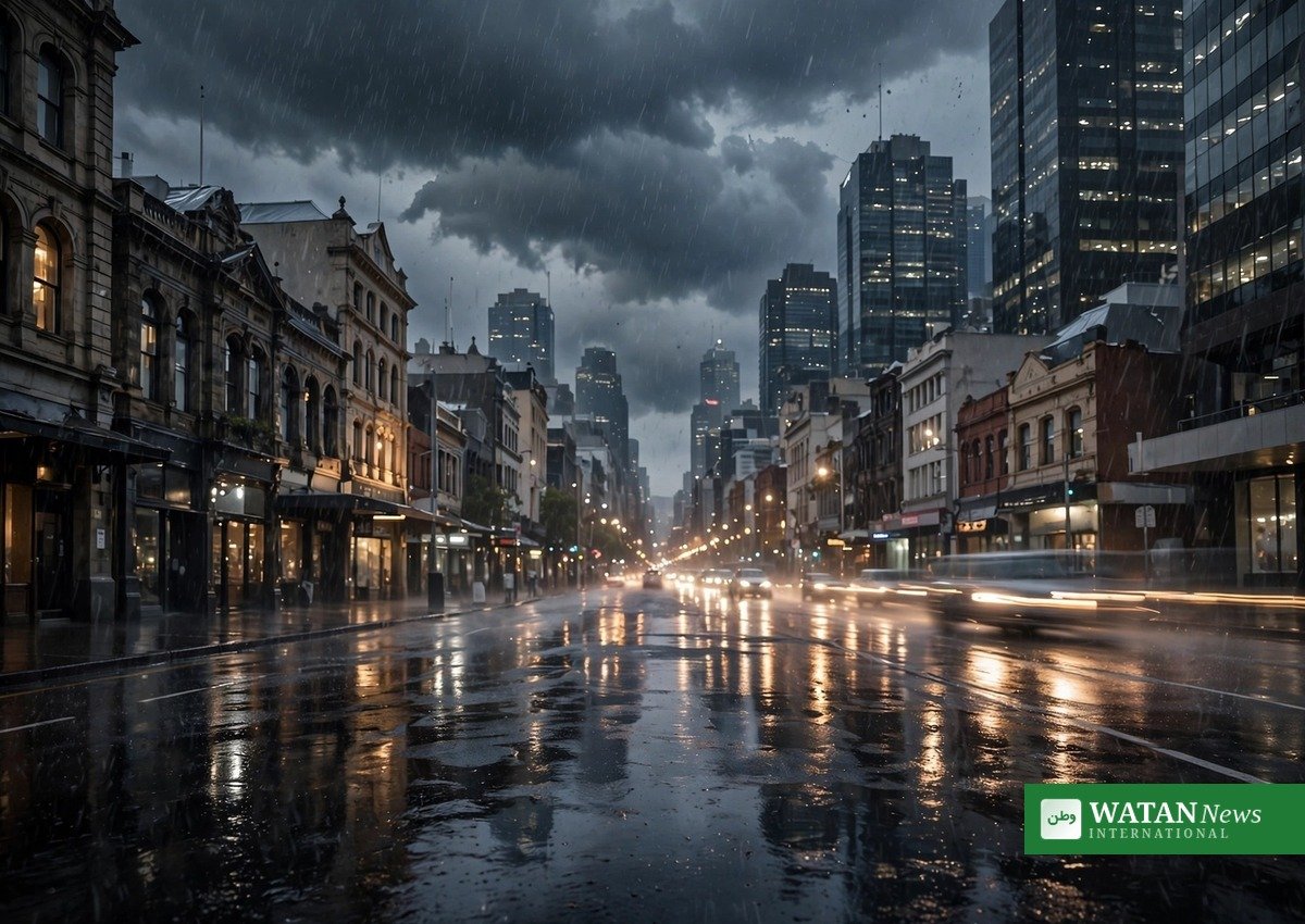 Rain-soaked Melbourne street at dusk – heaviest rain since April 2024 amid the Australia false flag conspiracies story